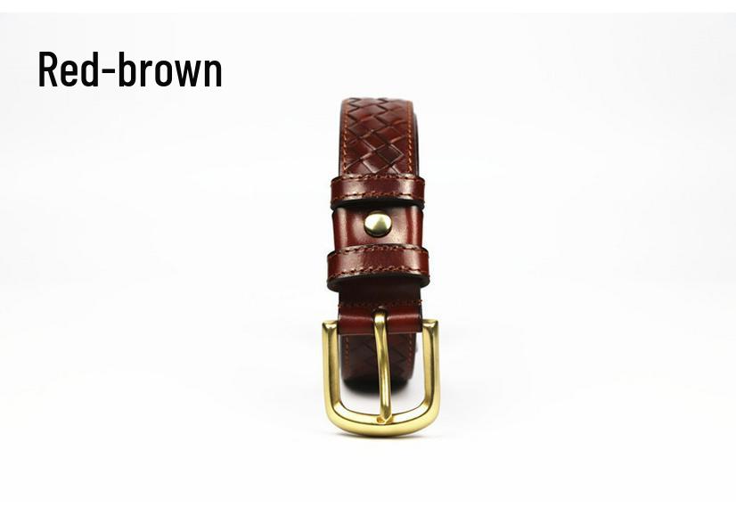 Men's Genuine Leather Woven Belt with Pure Copper Pin Buckle - Retro Casual Style