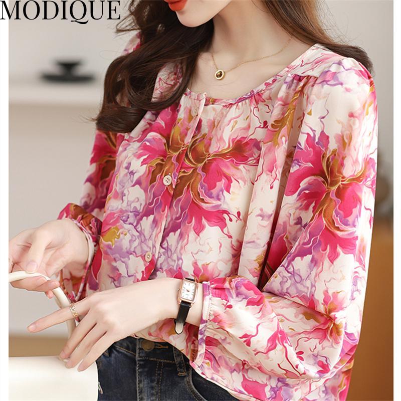 MODIQUE Spring Summer Plus Size Women Casual Loose Elegant Cotton Linen Chiffon Floral Print Puff Sleeve Blouse Shirts Lady Oversize O-Neck Coats