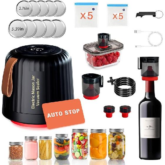 Electric Mason Jar Vacuum Sealer Kit, 4 in 1 Jar Vacuum Sealer for Mason Jars Jar Sealer Vacuum Sealing Machine for Food Storage Vacuum Bag Box Wine