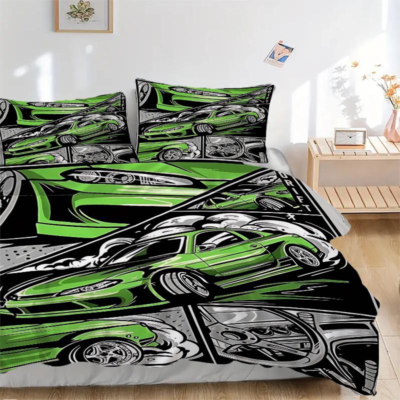 3pcs Drift Car Anime Cartoon Design Comforter Set with One Quilt Cover and Two Pillowcases (No Core) - Home Decor, Festival Gift, Polyester Fabric, Su