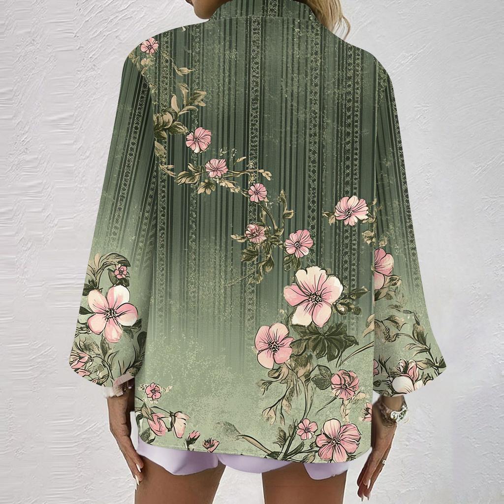 Camisa de Moda y Casual para Mujer Manga Larga Cuello en V Botones Estampada Blusa Top