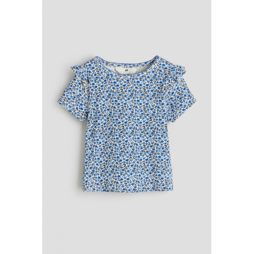 

Футболка в рубчик HM с рюшами, синяя с цветочным принтом