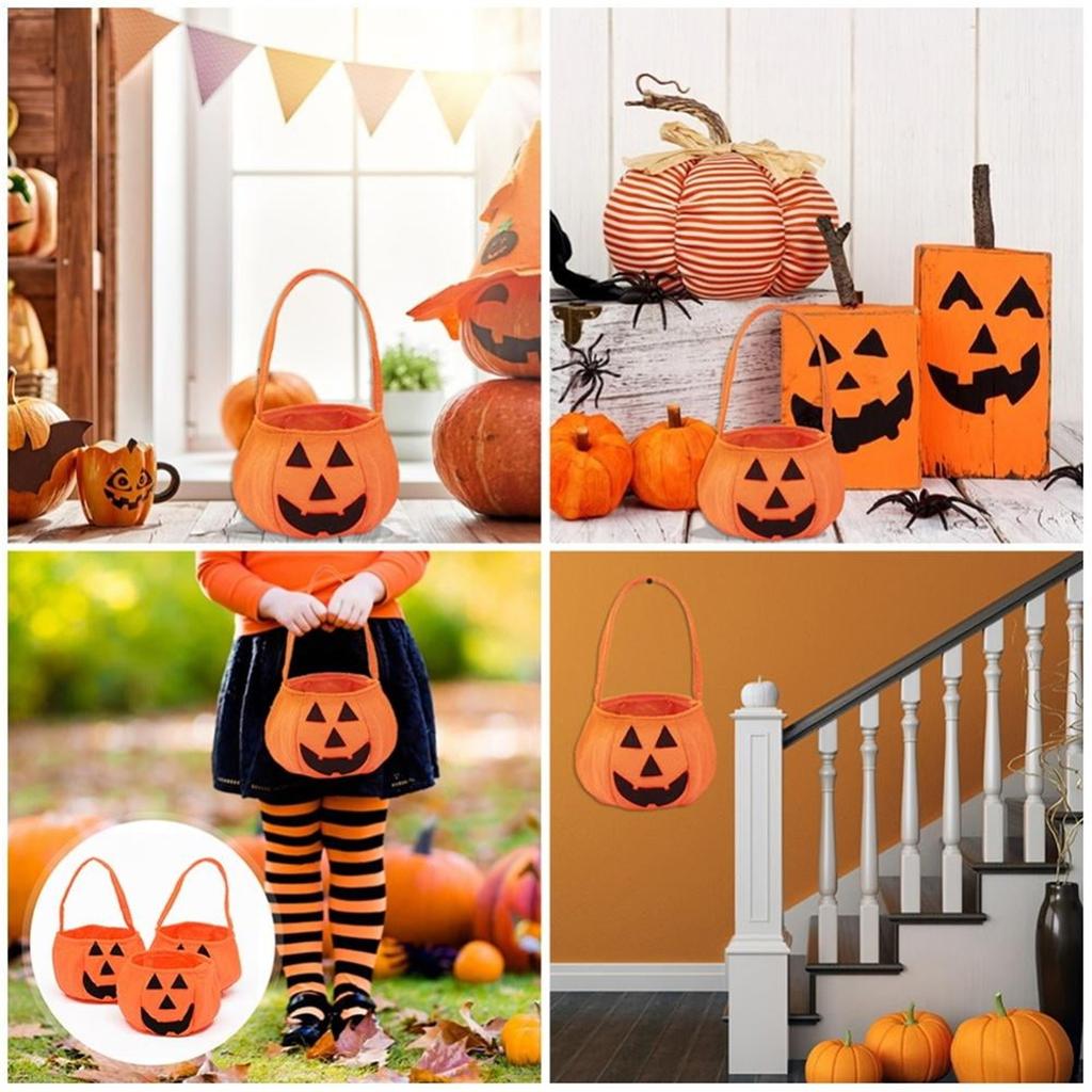 3pcs Halloween Pumpkin Bucket Portable Non-Woven Candy Basket Trick Or Treat Kids Gift Packaging Halloween Party Decor Supplies