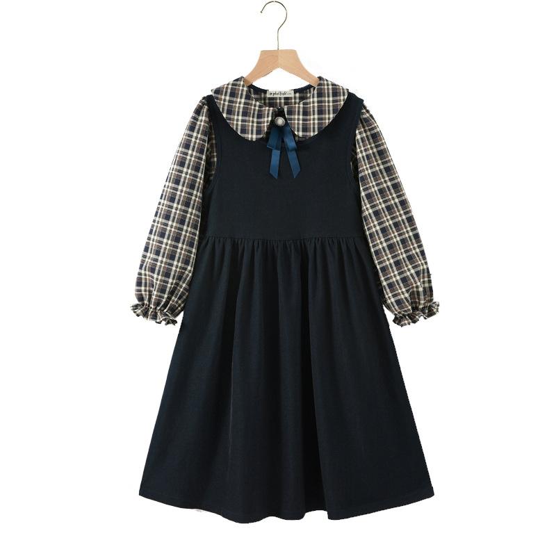 

Girls Fashionable 100% Cotton Set: Autumn Children s Princess-Style Checkered Shirt and Pinafore Dress Two-Piece Set 120cm темно-синий