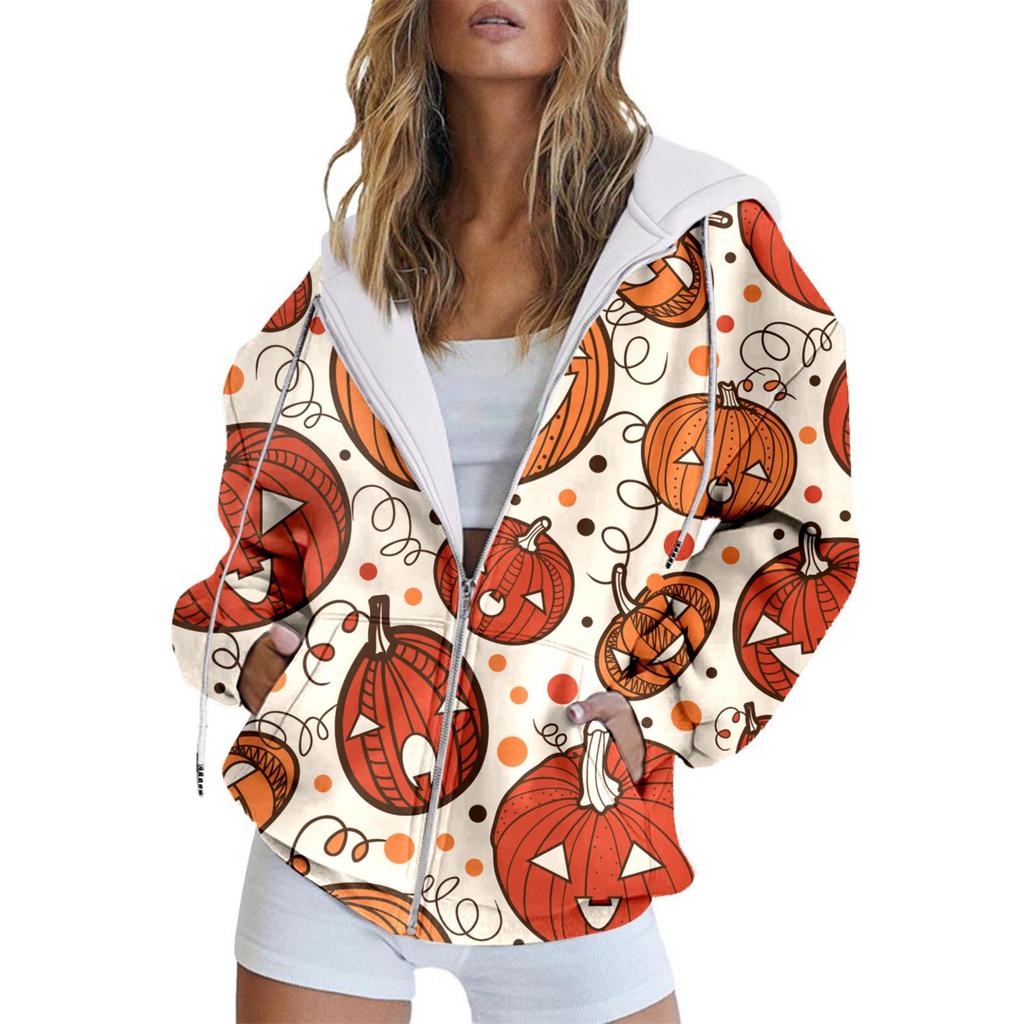 Vintage Printed Hooded Sweatshirt Sportwear Coat for Women 3D Pocket Hoodies Autumn Women's Button Down Jacket