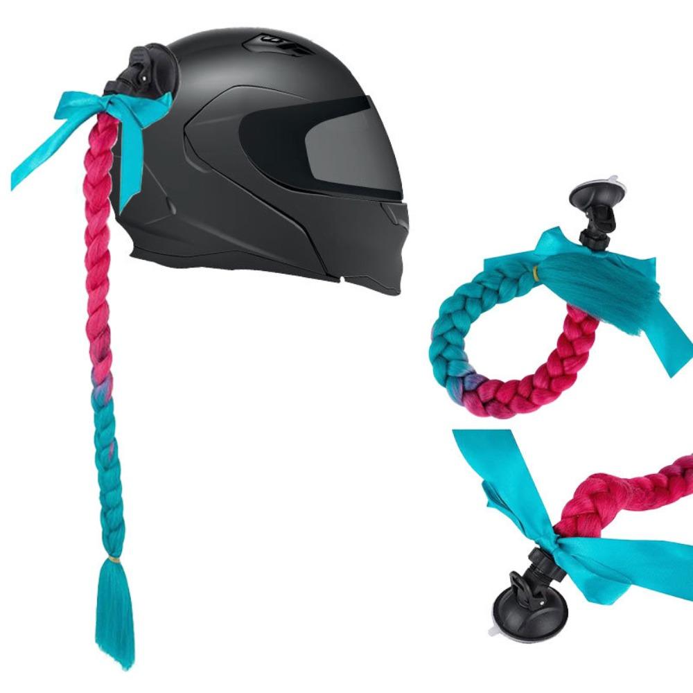 with Suction Cup Synthetic Helmet Pigtails with Bowknot Motorcycle Helmet Braids Wig Woman