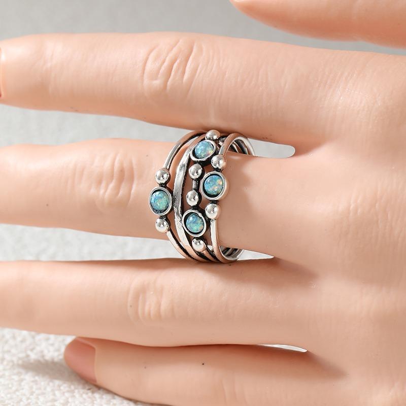 Vintage Inlaid Imitation Blue Opal Women's Ring Ethnic CopperColor Geometry Daily Wear Party Jewelry Anniversary Gift