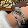 Pulsera de Leopardo con Puntos Negros de Diamante Completo y Ojos Verdes de Peso Excesivo Accesorios de Banquete Pulsera Abierta de Gama Alta Pulsera Mujer
