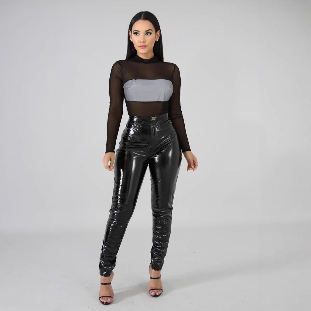 Pantaloni da Donna in Ecopelle con Fodera in Pile a Vita Alta, Autunnali Monocolore ad Alta Elasticità Skinny Lucidi in Ecopelle Pantaloni Lunghi Caldi Spessi da Esterno