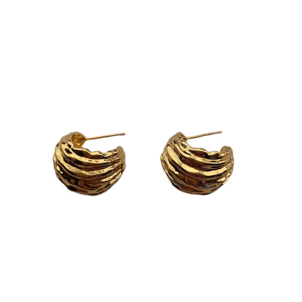 Three-dimensional pleated metal ring earrings, earrings, light luxury, fashion, high-end personality, unique French retro and simple earrings