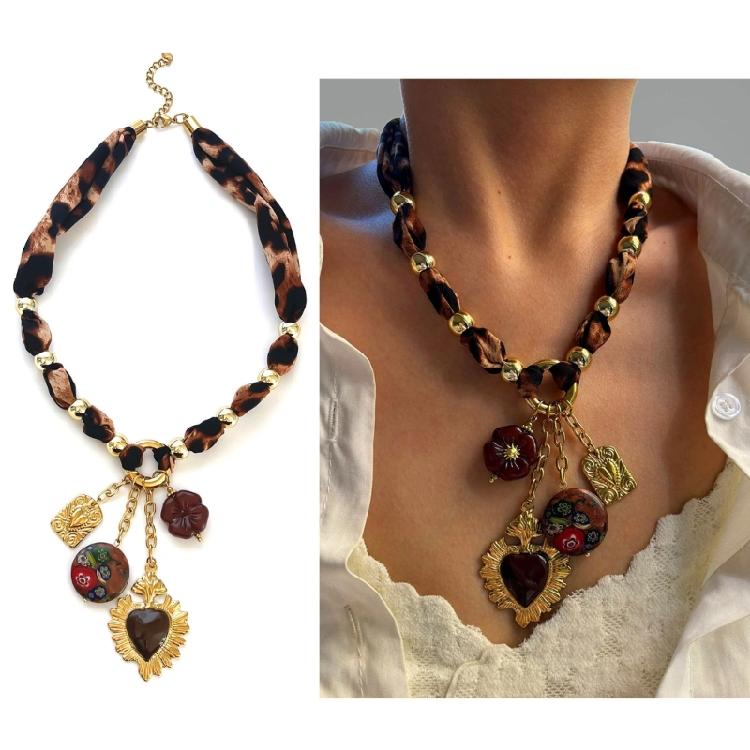 Modern Leopard Print Heart Floral Acrylic Necklace Stainless Steel Clavicle Chain Lightweight Jewelry For Daily Wear