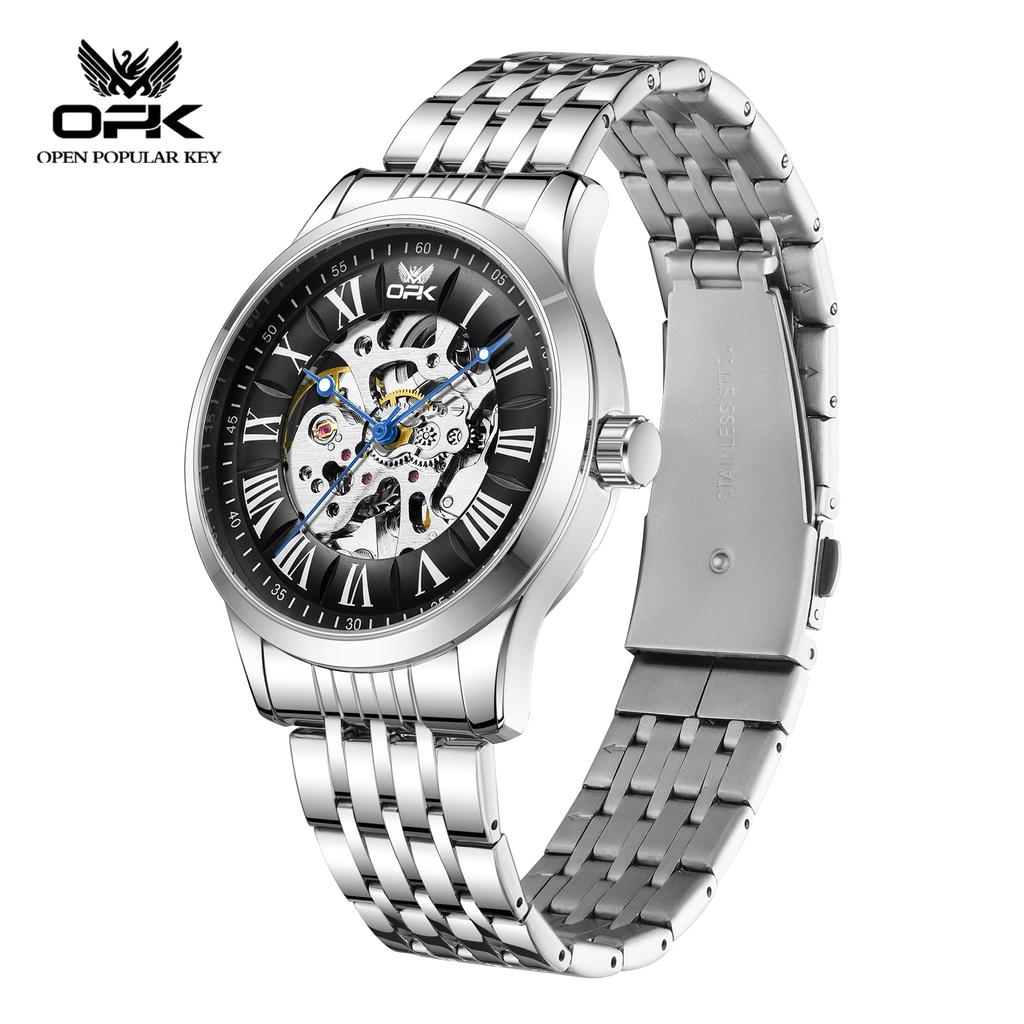 Mens Automatic Mechanical Watch Skeleton Hollow Roman Numeral Dial Waterproof Stainless Steel Business Dress Wrist Watch for Men