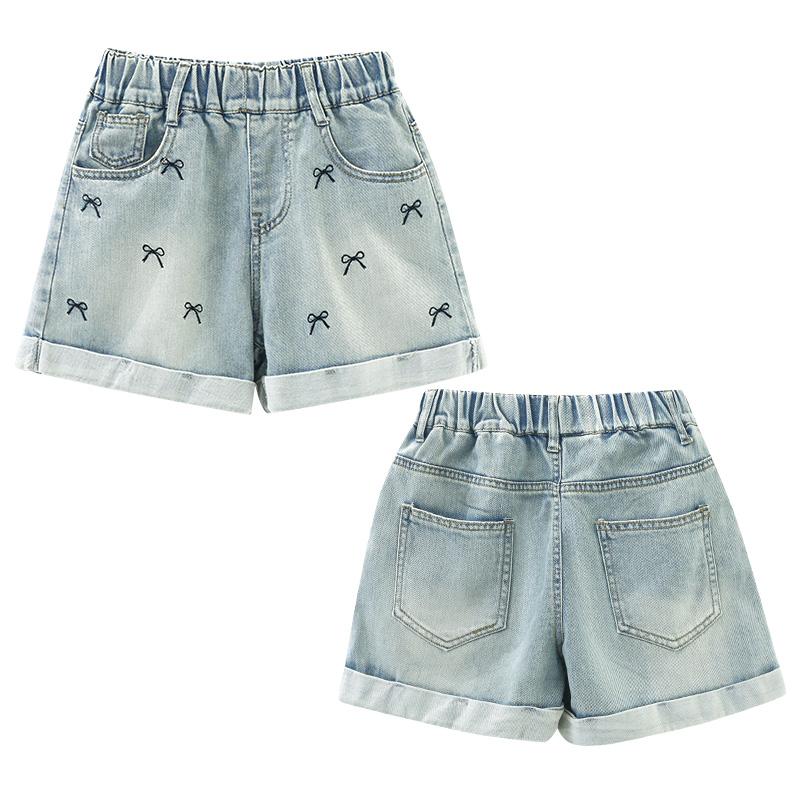 Children Casual Denim Shorts Bow For Girls Elegant Above Knee Pants Mini Jeans Kids Teenager Brief Summer Shorts Size 5-14Y