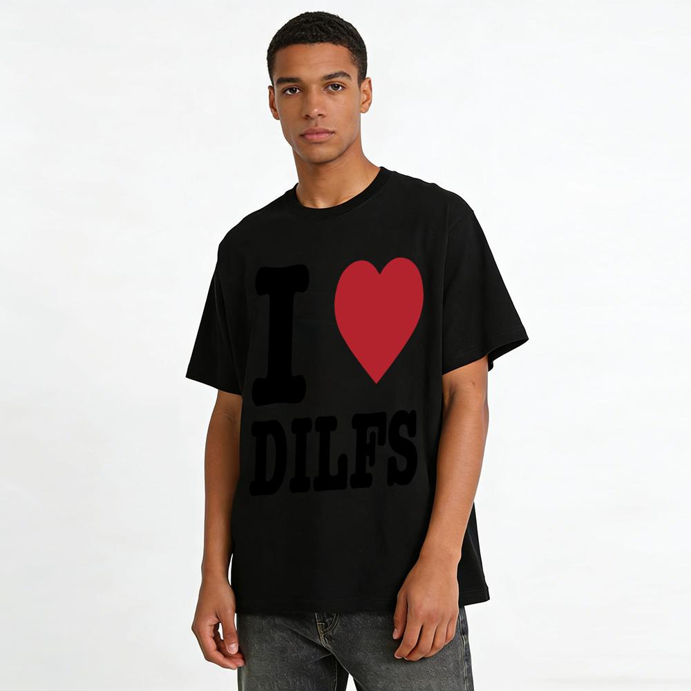 Funny I Love DILFS Heart Print Casual T-Shirt Unisex Loose Breathable Daily Top Pure cotton T-shirt