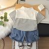 Boys' short sleeved set Summer 0-5-year-old children's striped printed POLO shirt+casual denim shorts two-piece set