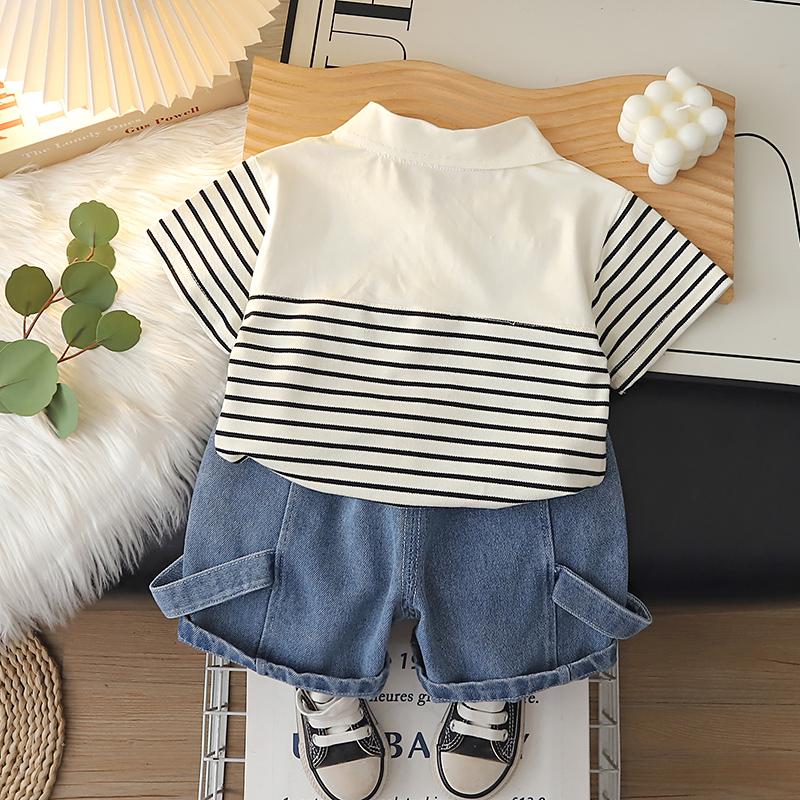 Boys' short sleeved set Summer 0-5-year-old children's striped printed POLO shirt+casual denim shorts two-piece set