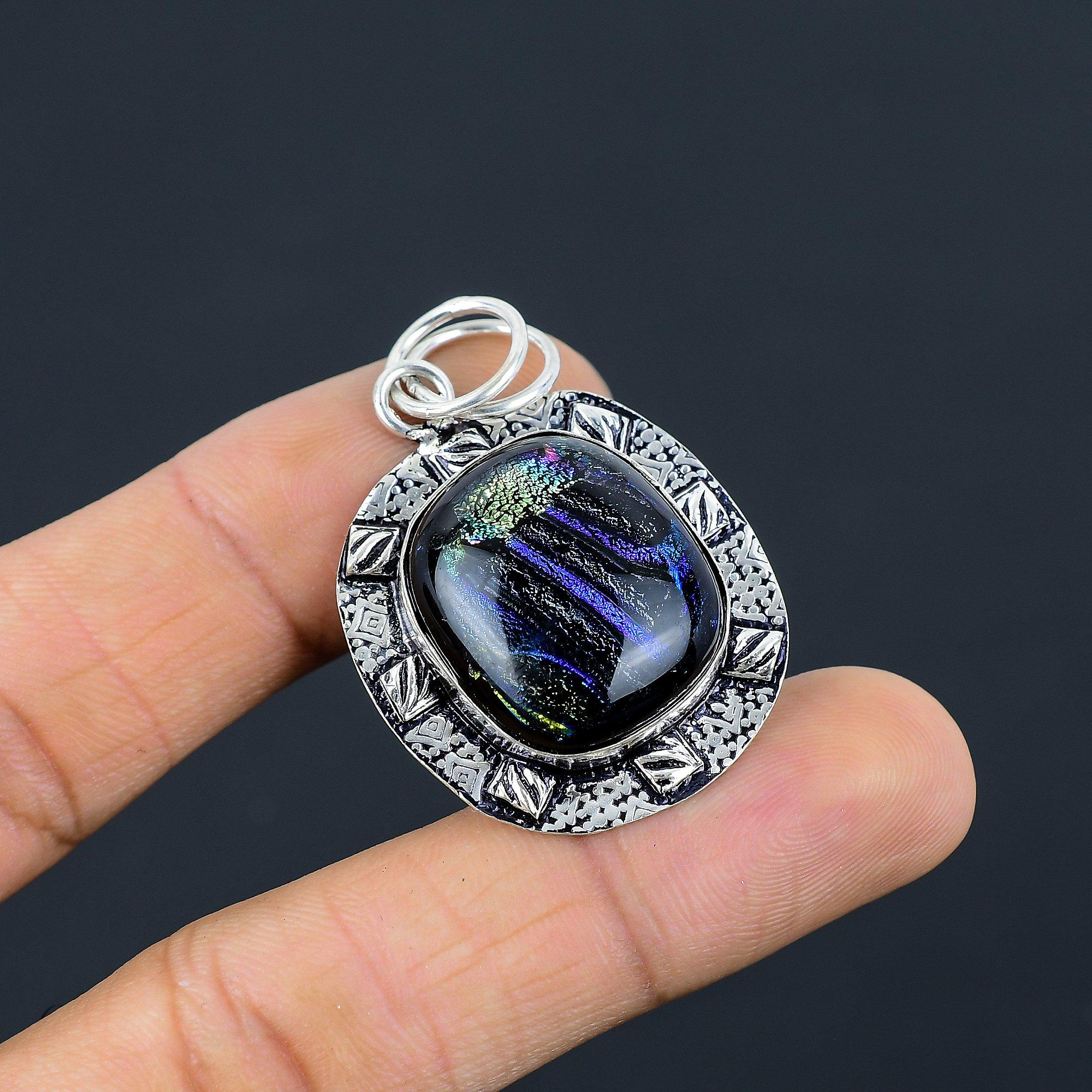 

Daughters Day Sale American Dichroic Glass Stone Artisan Boho Pendant 925 Silver