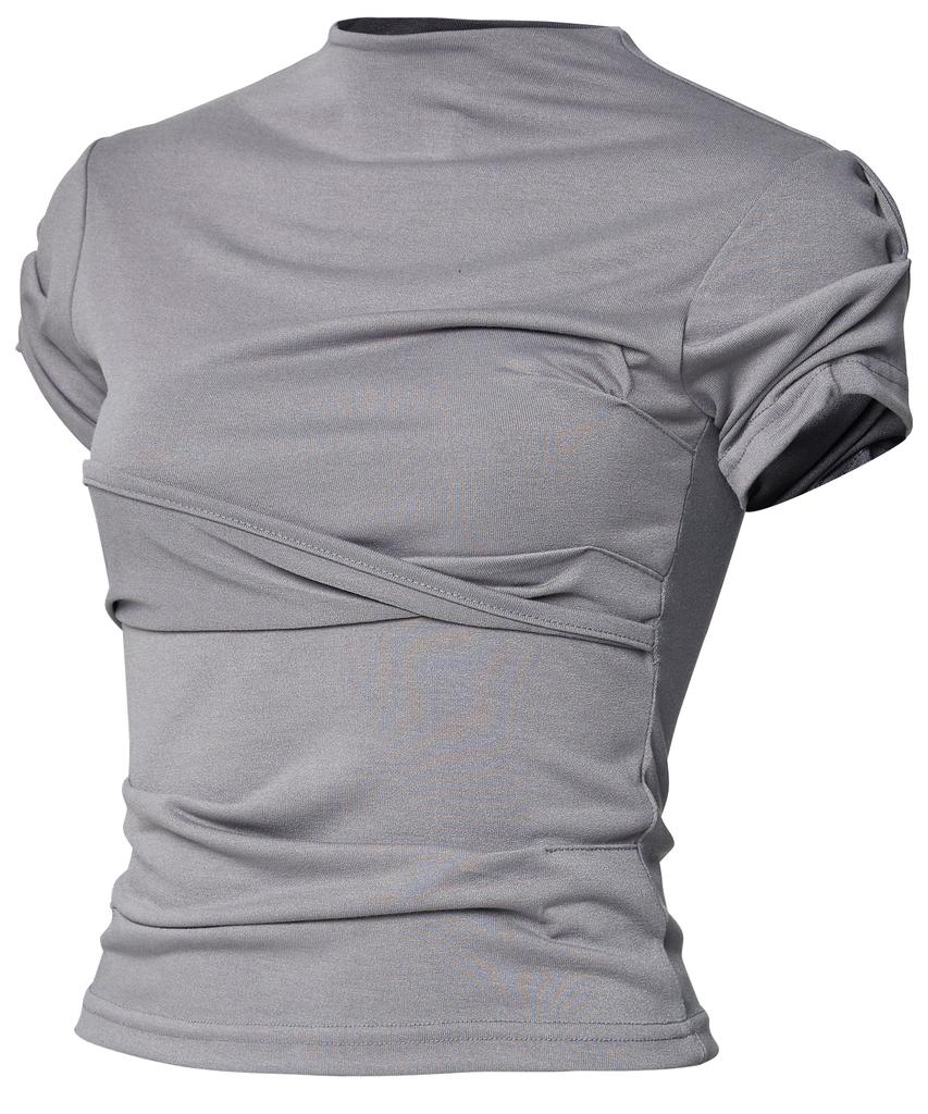 Peulleeoeob Asymmetrical Draped Mock Neck T-Shirt (Fl-126_Gray)