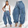 Sexy Wide Leg Jeans with Lacing Cargo Pants Women High-waisted Elegant Streetwear Denim Loose Trousers