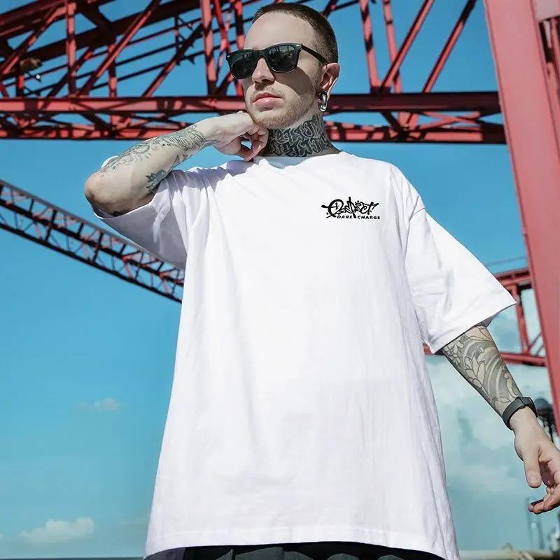 American retro round neck personalized print short sleeved men and women trendy hip-hop casual couple loose T-shirt top harajuku