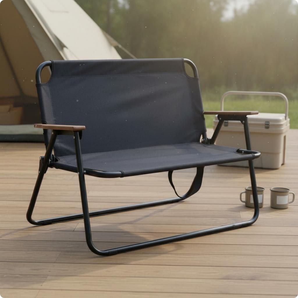 Portable Double Camping Chair Comfortable Wide Seat Folding Camp Chair With Wooden Armrests Lightweight Outdoor Armchair