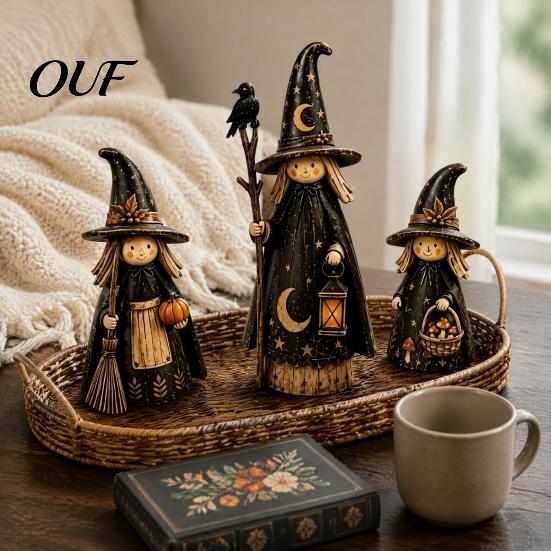 Retro Witch Decorations for Shelves Halloween Wooden Ornaments, Distressed Figurines, Tabletop Indoor Holiday Party Ornaments Decoration with Pumpkin