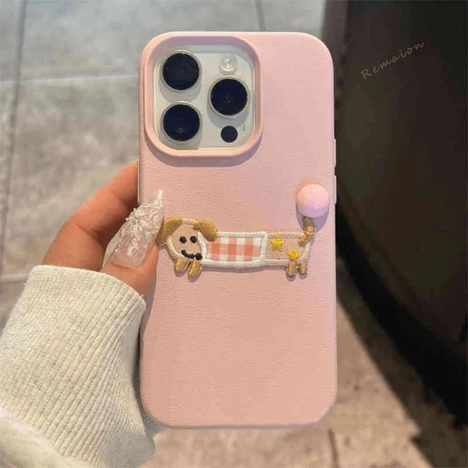 Nakışlı Sevimli Yavru Köpek Askılı Kılıf iPhone 15 11 12 13 14 16 Pro Max X XR XS MAX SE 2020 7 8 Plus için Deri Kauçuk Yumuşak Kapak