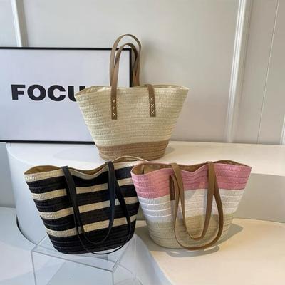 New Contrasting Color Shoulder Straw Bag Handwoven Bag Women's Large-capacity Tote Bag Women's Seaside Vacation Beach Bag