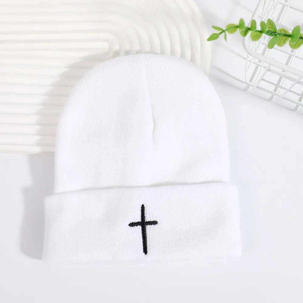 Natural NewFashionable Beanie: Cross Embroidered Knit Cap, Stylish Beanies for Women, Unisex Winter Hat for Outdoor Casual Wear