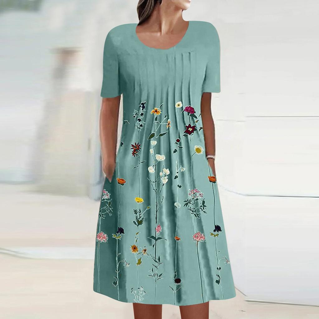 Damen Sommer Casual Fashion Rundhals Kurzarm Print Pullover Loses Kleid