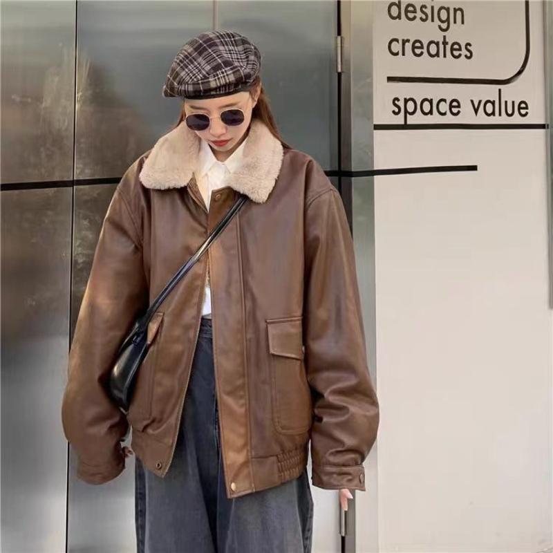 Y2k Lapel Long Sleeved Short Leather Jacket Women Vintage Slim Brown Cropped Coat 2024 New Fashion Lady Street Party Outwears