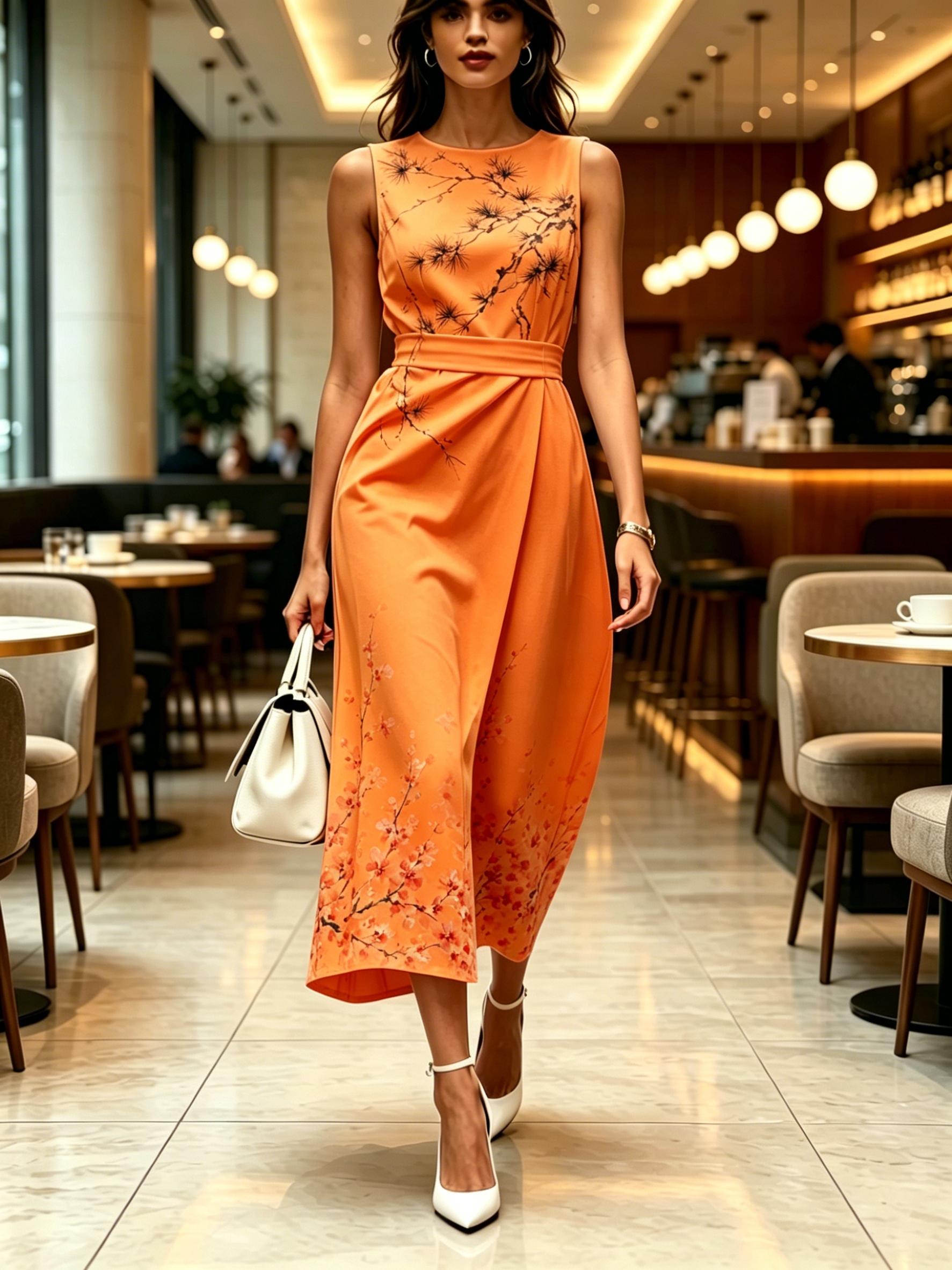 

Round Neck Sleeveless Midi Dress Black Pine And Plum Print Orange Color Womens Modern Elegant Casual Fashion Spring Summer Autumn Womens Clothing XXL