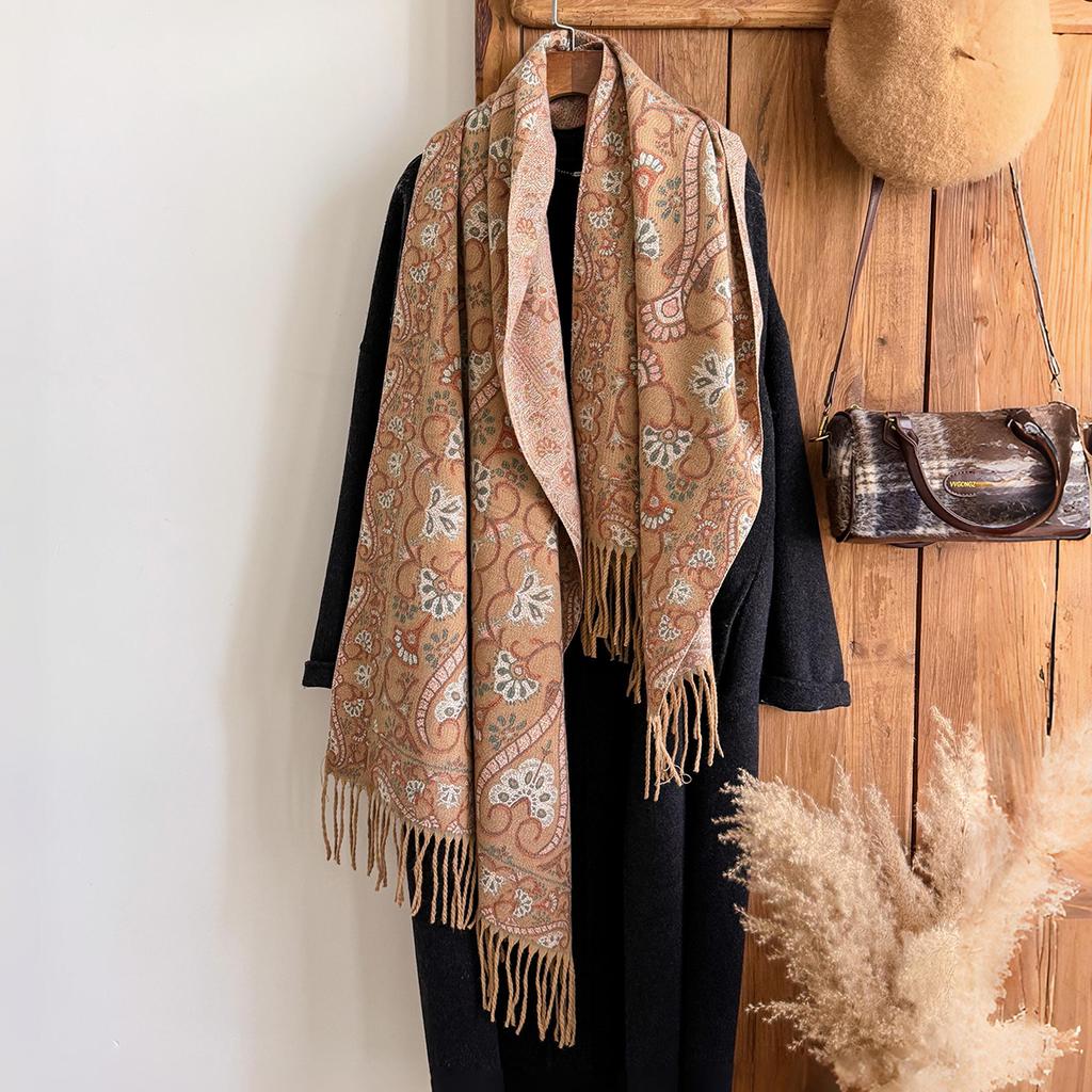 Fashion Women'S Winter Warm Cashmere Shawl - Vintage Floral Oil Painting Printed Tasseled Pashmina Thick Wrap