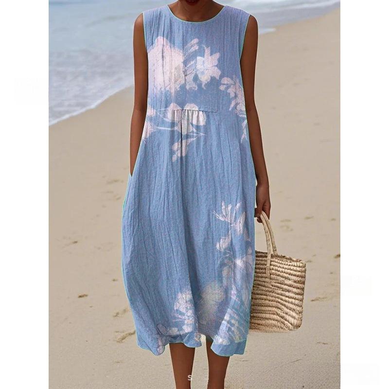 European and American New Summer Flower Ocean Printing European Size Round Neck Sleeveless Long Dress Creative Loose Dress
