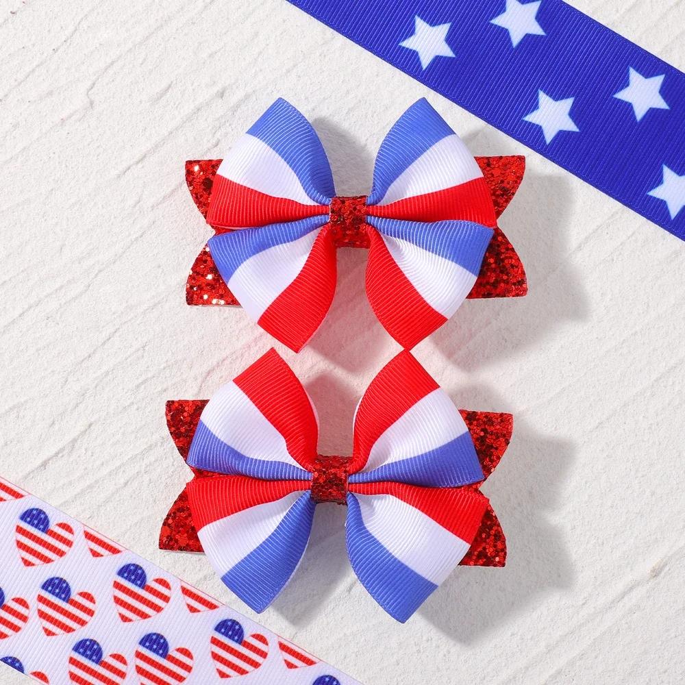 2pcs/set Independence Day Hair Bows Clips for Women Girls Glitter Star Ribbon Bowknot Hairpin American Flag Hair Accessories