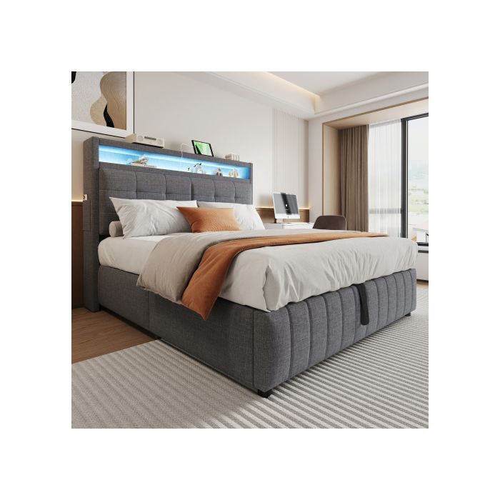 Lit Capitonné 160x200 Cm - MUVOE - Tête De Lit Avec Éclairage LED - Prise USB - Rangement Intégré