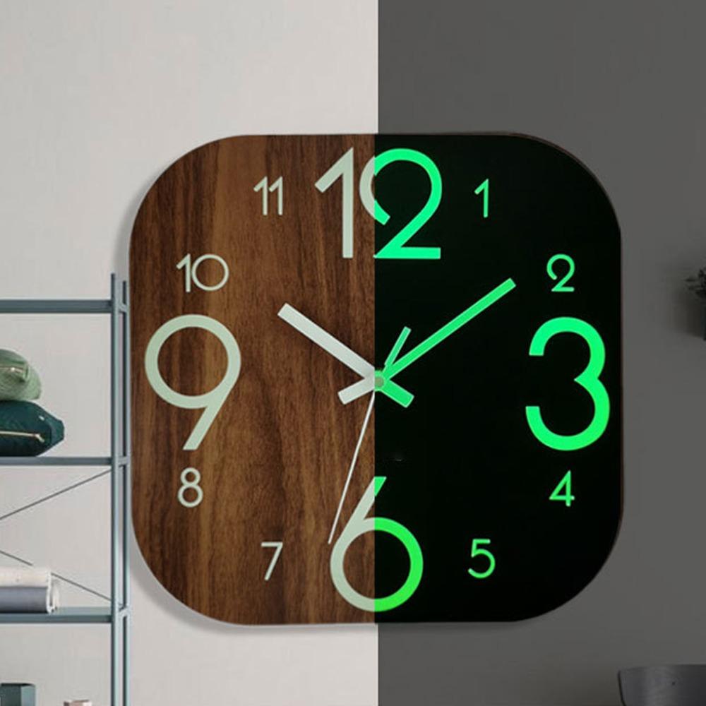 12 Inch Glow In Dark Wall Clock Brown Luminous Wall Clock Silent Wooden Wall Clock For Bedroom