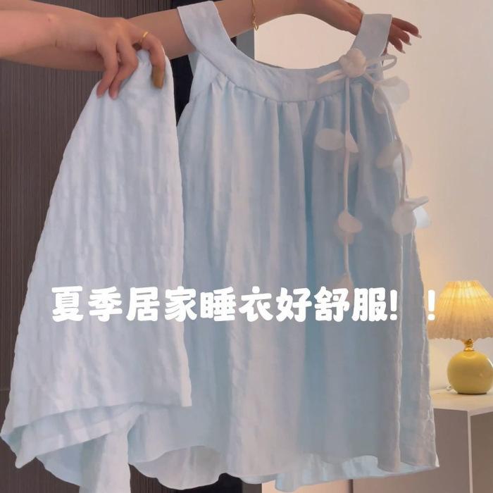 

Holiday wind cloud cotton pajamas women s chest pad suspenders shorts summer solid color flower vest loungewear set M