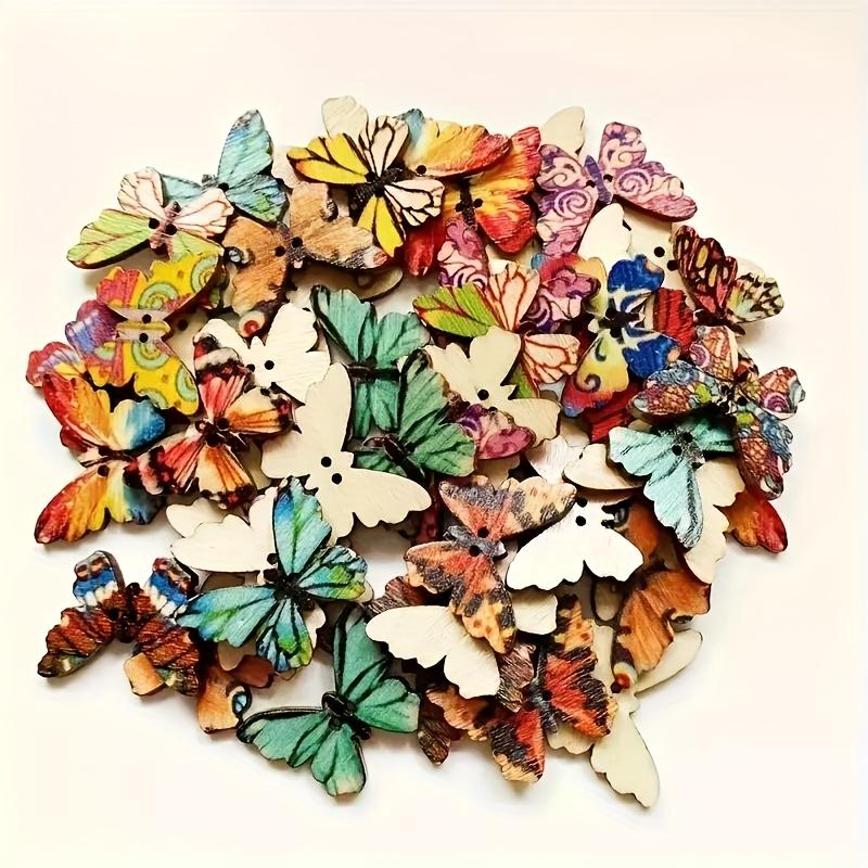 50Pcs Assorted Wooden Butterfly Buttons, For DIY Sewing And Scrapbooking Decors Mixed Patterns Cute Cartoon Style Accessories