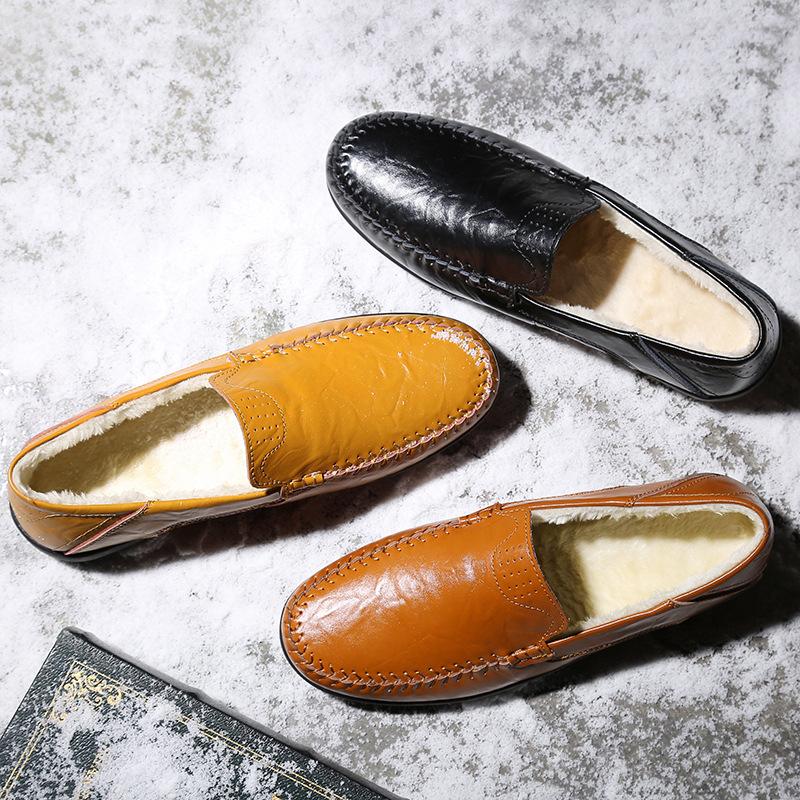 Fleece Loafers Men Big Size Leather Moccasins Casual Shoes for Men Outdoor Slip On Men Slip-On Lazy Shoes Winter Plush Zapatos