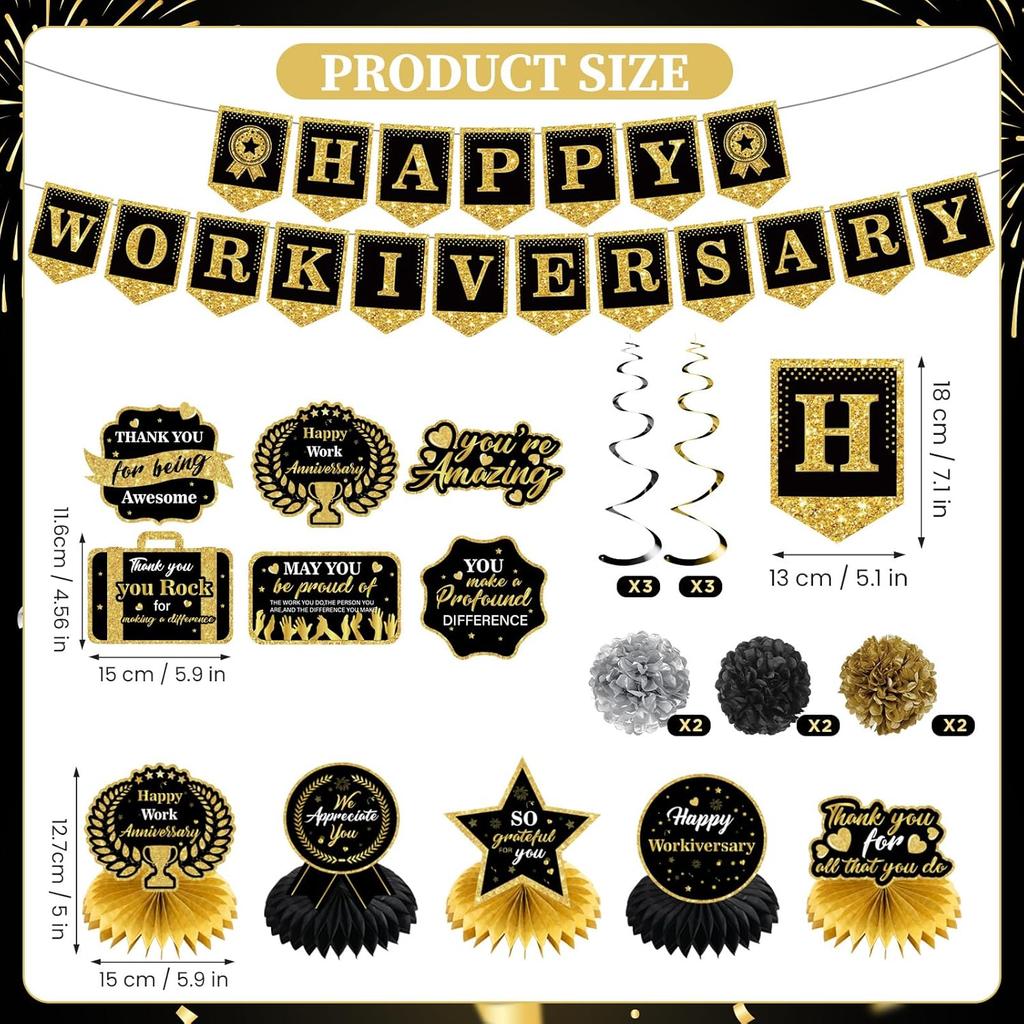 Happy Work Anniversary Decorations Black Gold Happy Workiversary Banner Honeycomb Centerpieces Hanging Swirls Tissue Paper Pompoms Sash Set for