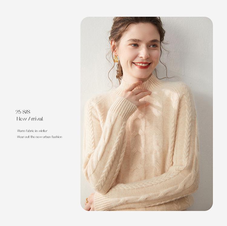 Cashmere Cable Knit Raglan Sweater - Half-High Neck, Loose Fit