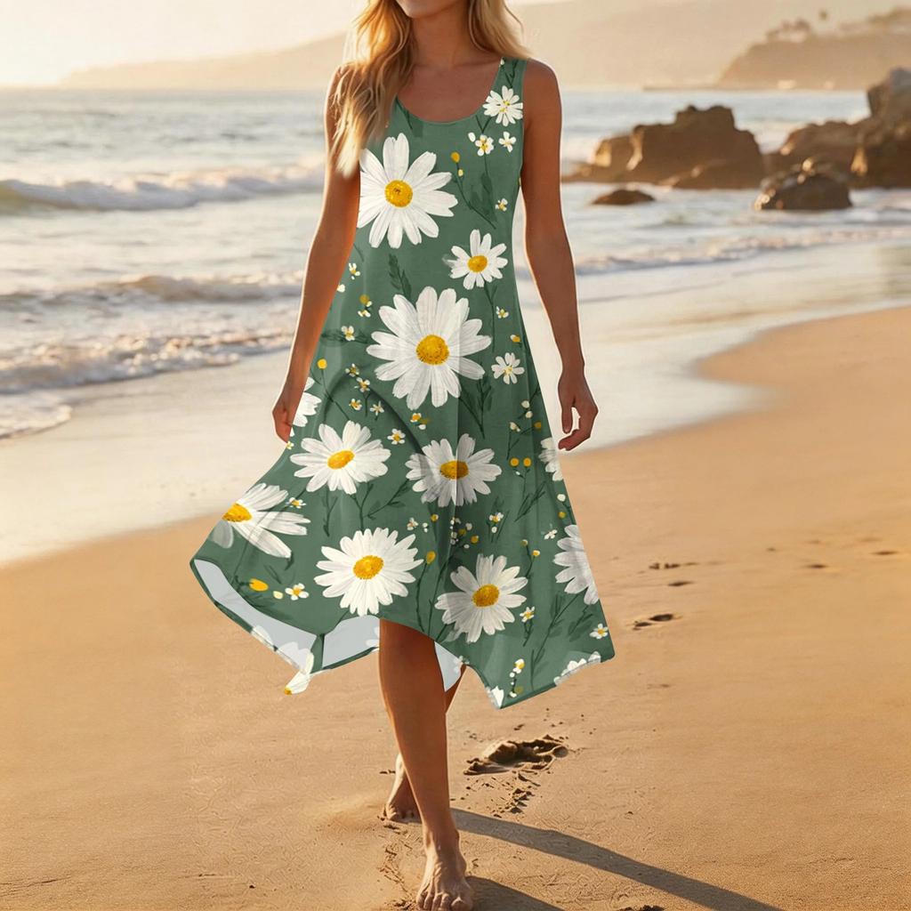 Women Sleeveless Floral Print Casual Dress V Neck Irregular Hem Mid Length Summer Dress Lightweight Comfortable Fabric