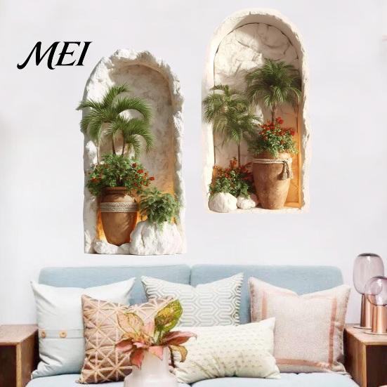 Modern Minimalist Room Accents 2Pcs 3D Tropical Plant Wall Sticker for Home Decor, Arched Niche Window Decal, Non Fading Murals Bathroom Realistic PVC