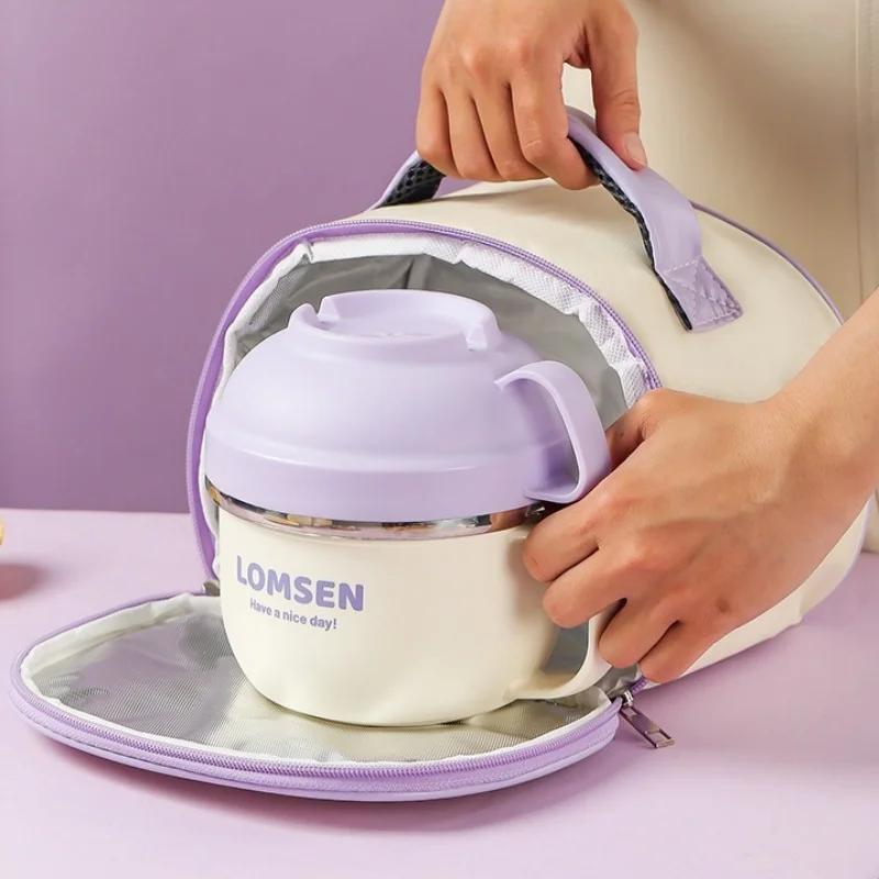 304 Stainless Steel Lunch Box Large Capacity Noodle Bowl Chopsticks Spoon Students Office Worker Bento Box with Insulated Bag