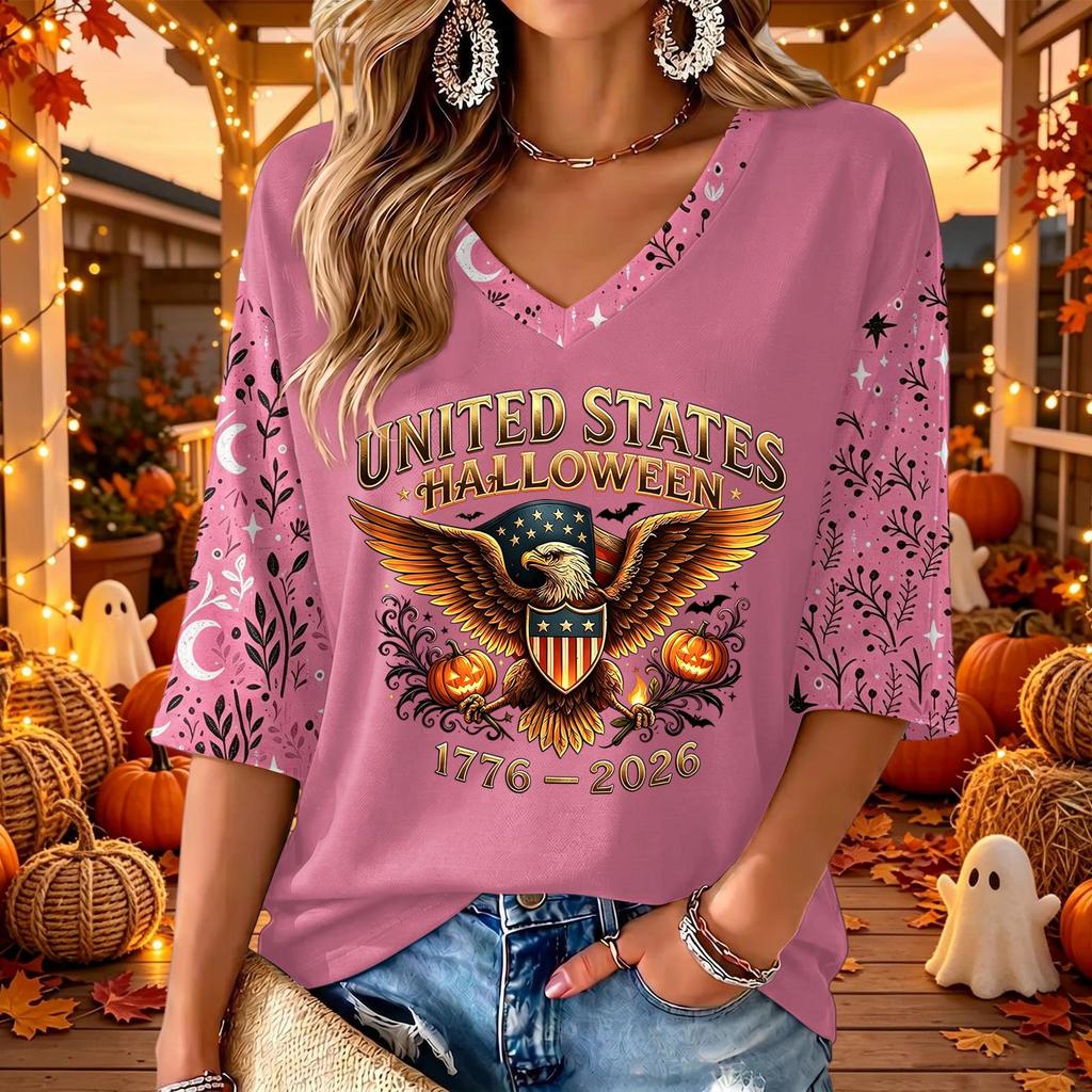 Women's Casual Halloween Printed V-Neck Three-Quarter Sleeve Top