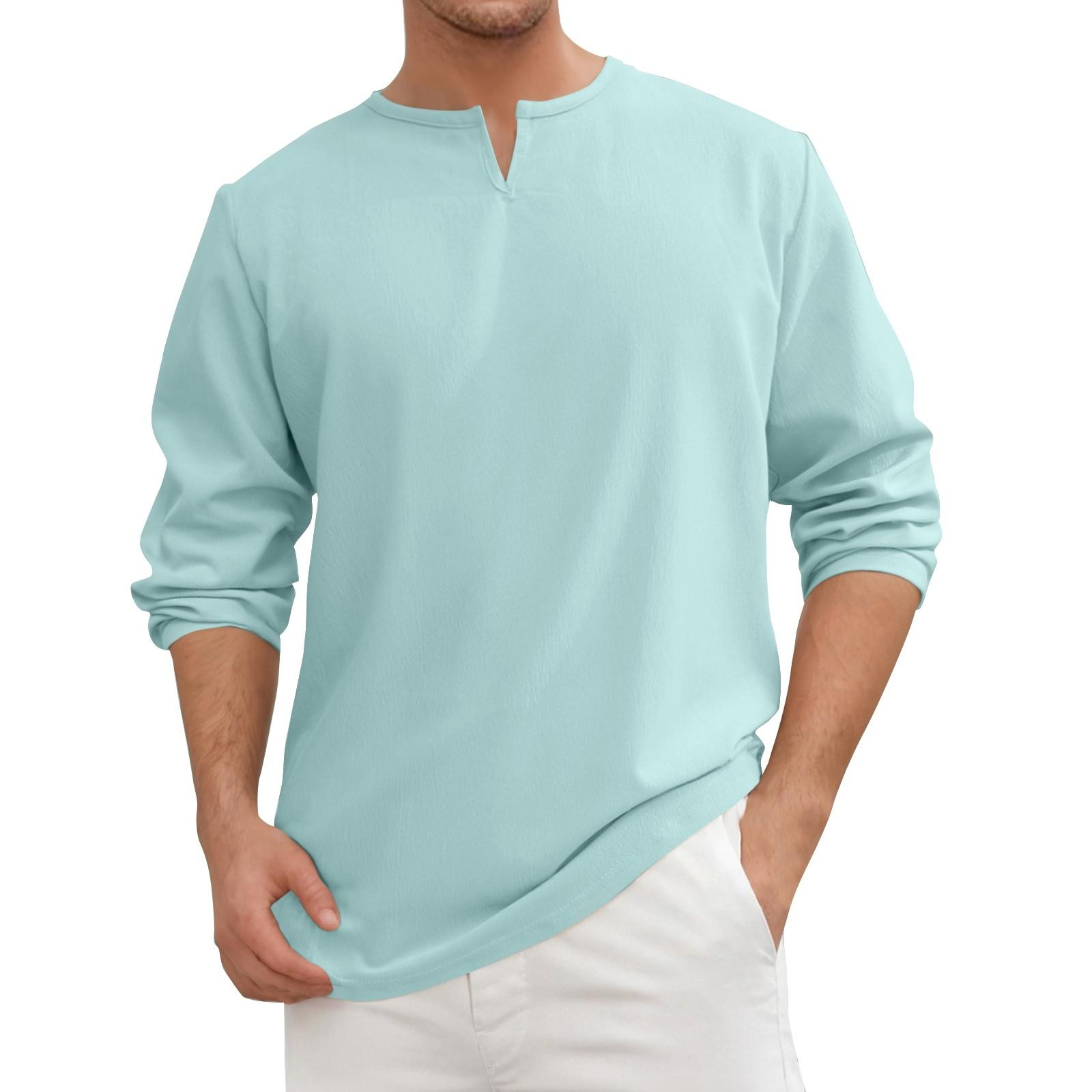 

Мужские летние однотонные хлопковые и льняные свободные топы с длинным рукавом и V-образным вырезом, мужские повседневные модные топы с длинным рукавом M