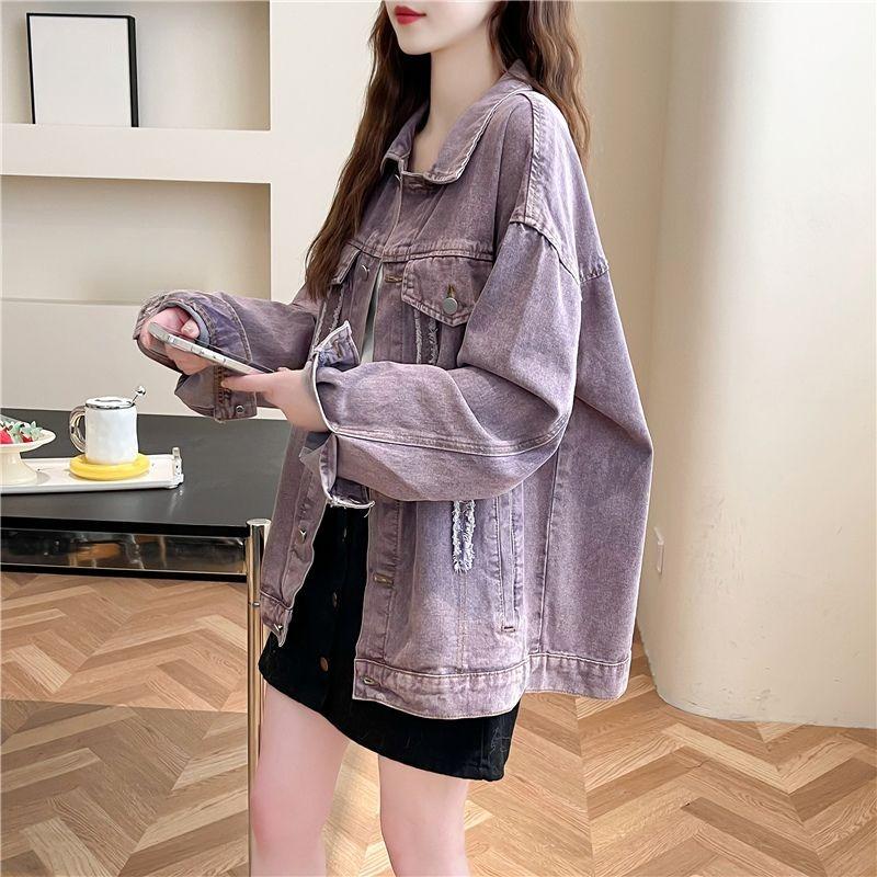 Cappotto in Denim Lavanda Oversize Donna Moda Primavera Pigro Chic Vestiti Sottili