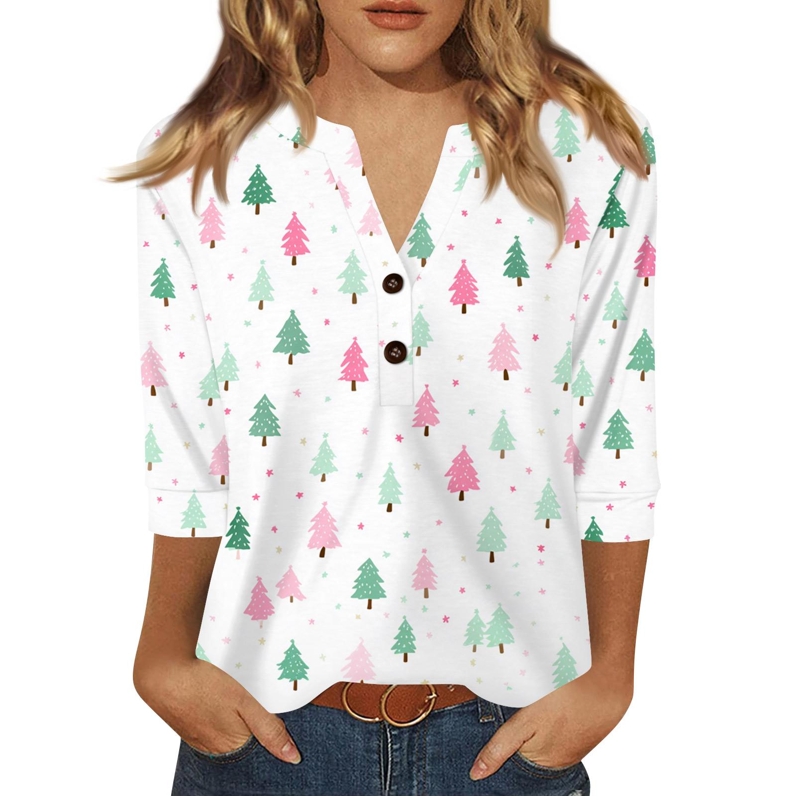 

Жен. Футболка С принтом Пуговицы Рукав 3/4 Повседневные Выходные Мода Классический Классический V-образный вырез Обычный Верх XXL белый