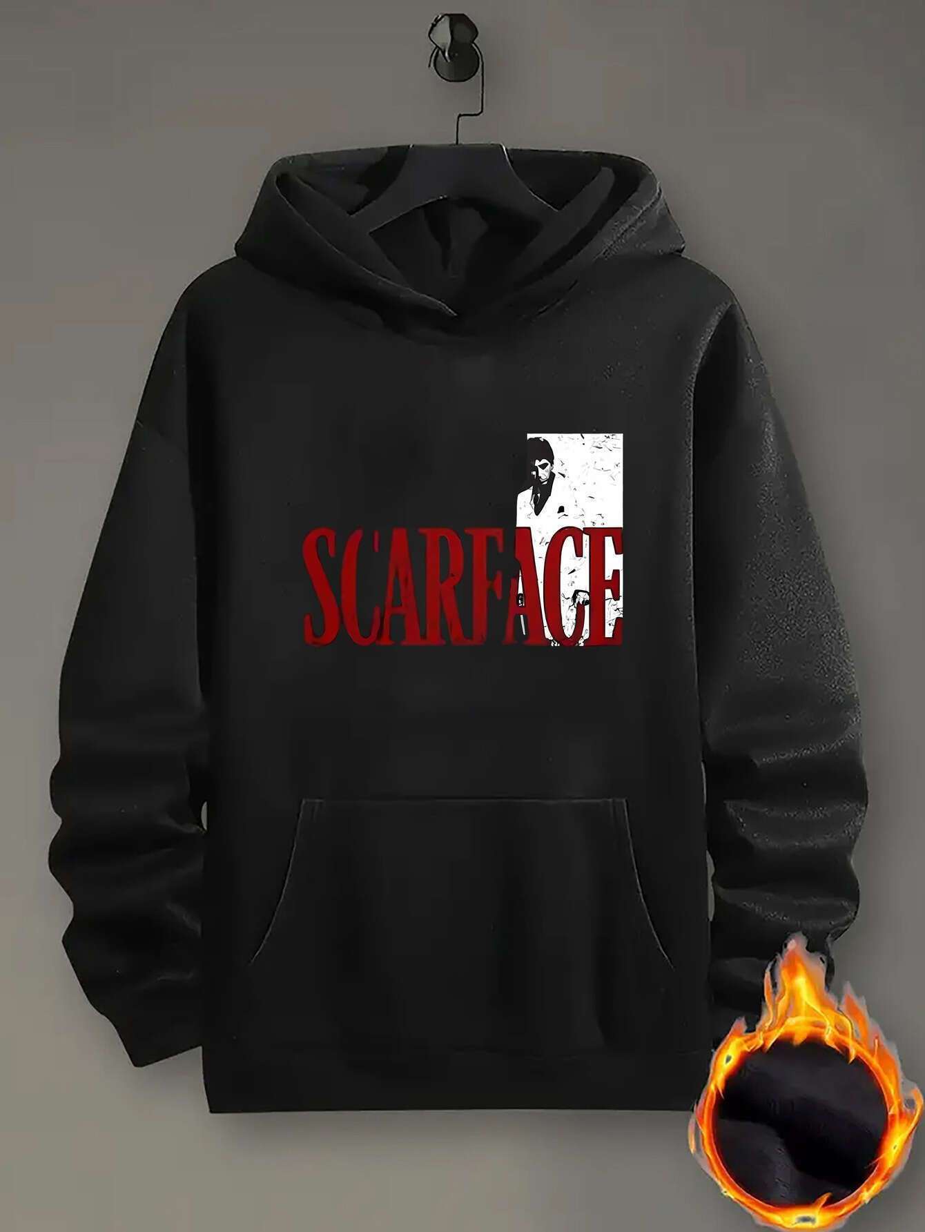 

Men s Scarface Graphic Black Hoodie Movie Design Loose Fit Kangaroo Pocket Machine Washable Autumn Winter Casual Wear S